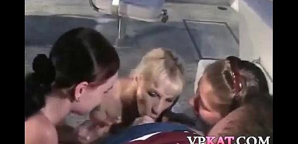  Three girls decided to give a triple blowjob to a guy